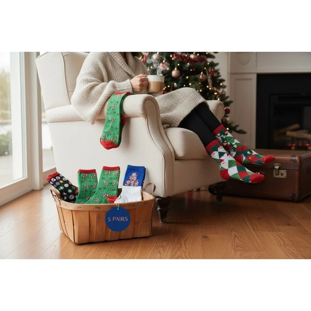 Novelty Christmas Knit Socks 5.5-9 US Holiday‎ Unisex Soft Snowmen 5 Pk NEW